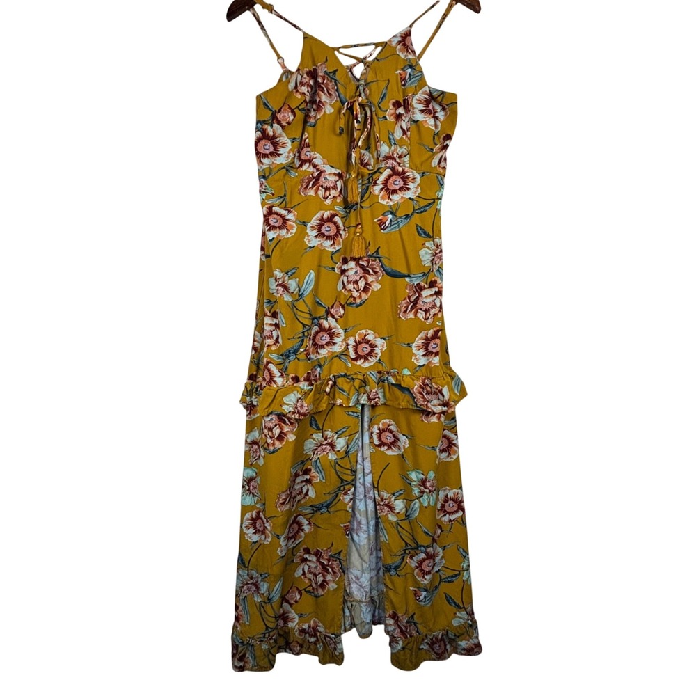 Xhilaration Mustard Yellow Floral Maxi Dress L Boho Tassel Ruffle High Low Hem